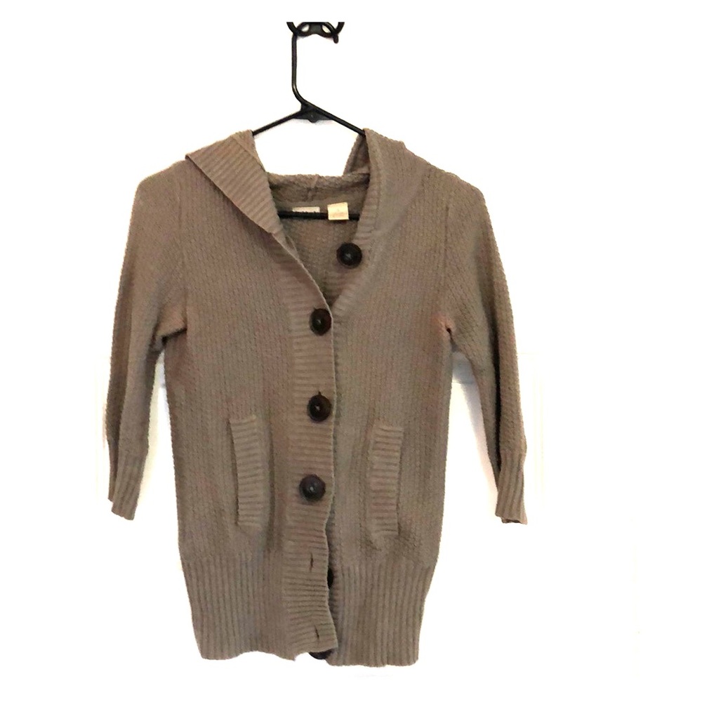 3/4 length grey cable knit sweater with hoodie